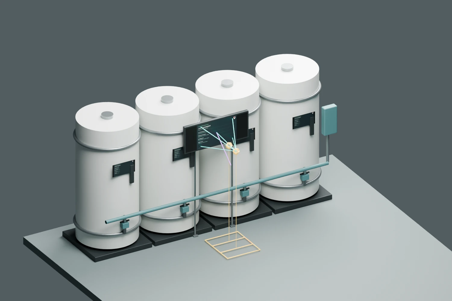 Ergonomic diagnostic view of the water-recovery tanks and monitoring screen with a crew reference position.