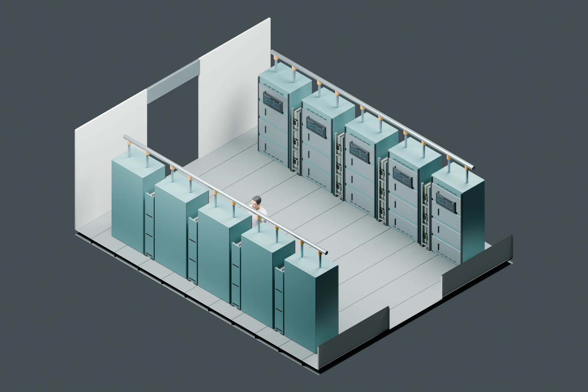 Isometric study of the atmosphere and environmental-control room, with equipment banks on both sides of a service aisle.