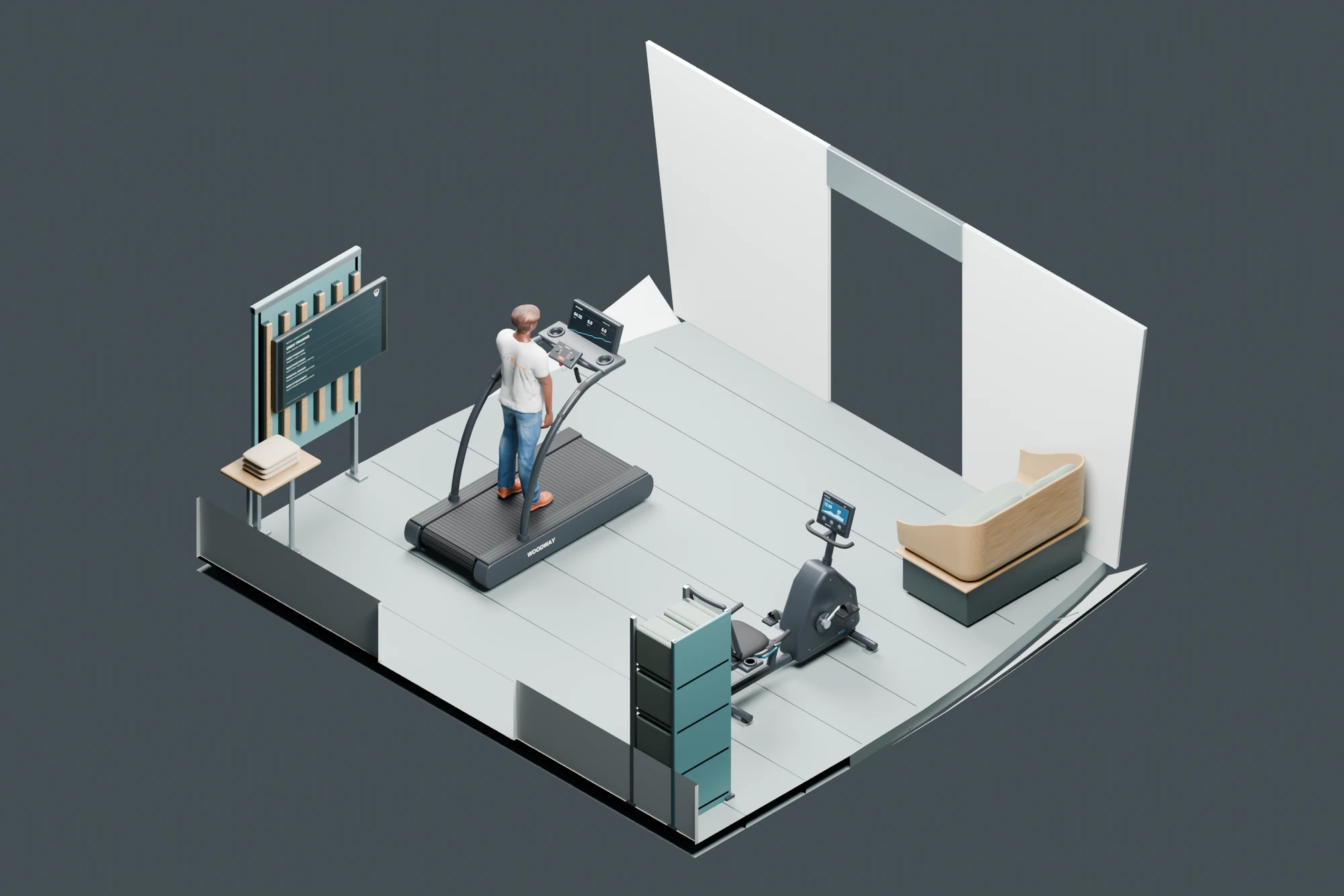 Isometric cutaway of the exercise room with treadmill, cycle and recovery seat.