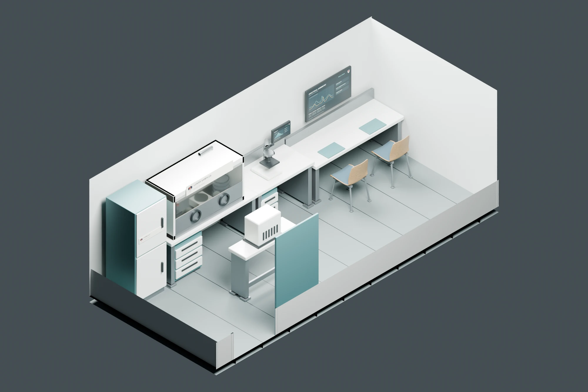 Isometric study of the geology and sample-preparation room with glovebox, microscope and analysis desks.