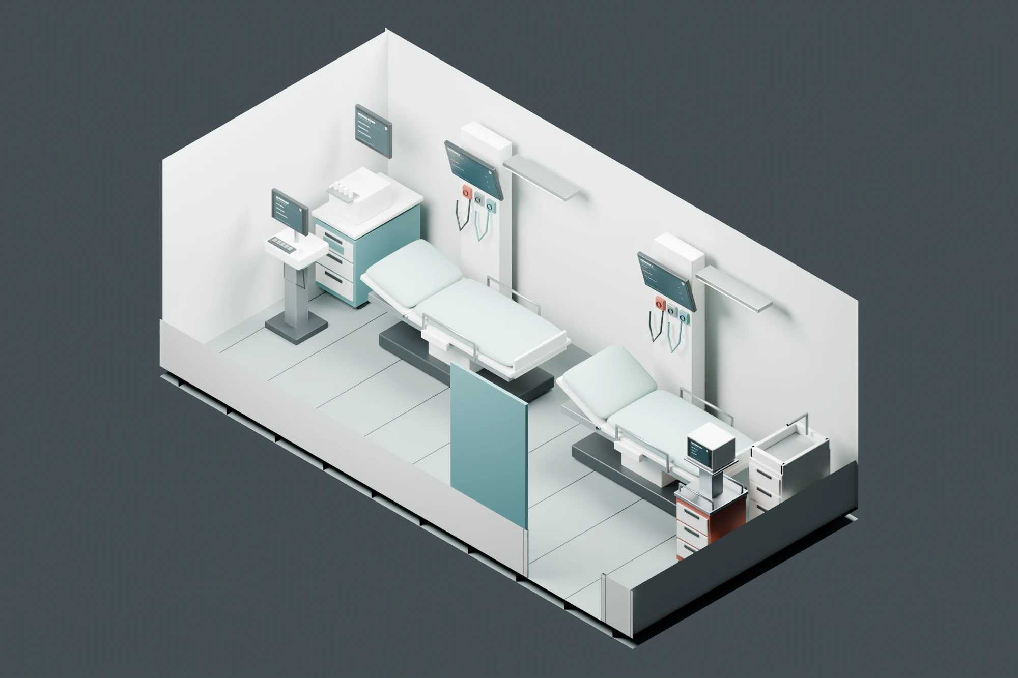 Isometric study of the medical and isolation room with two treatment berths, screens and storage.