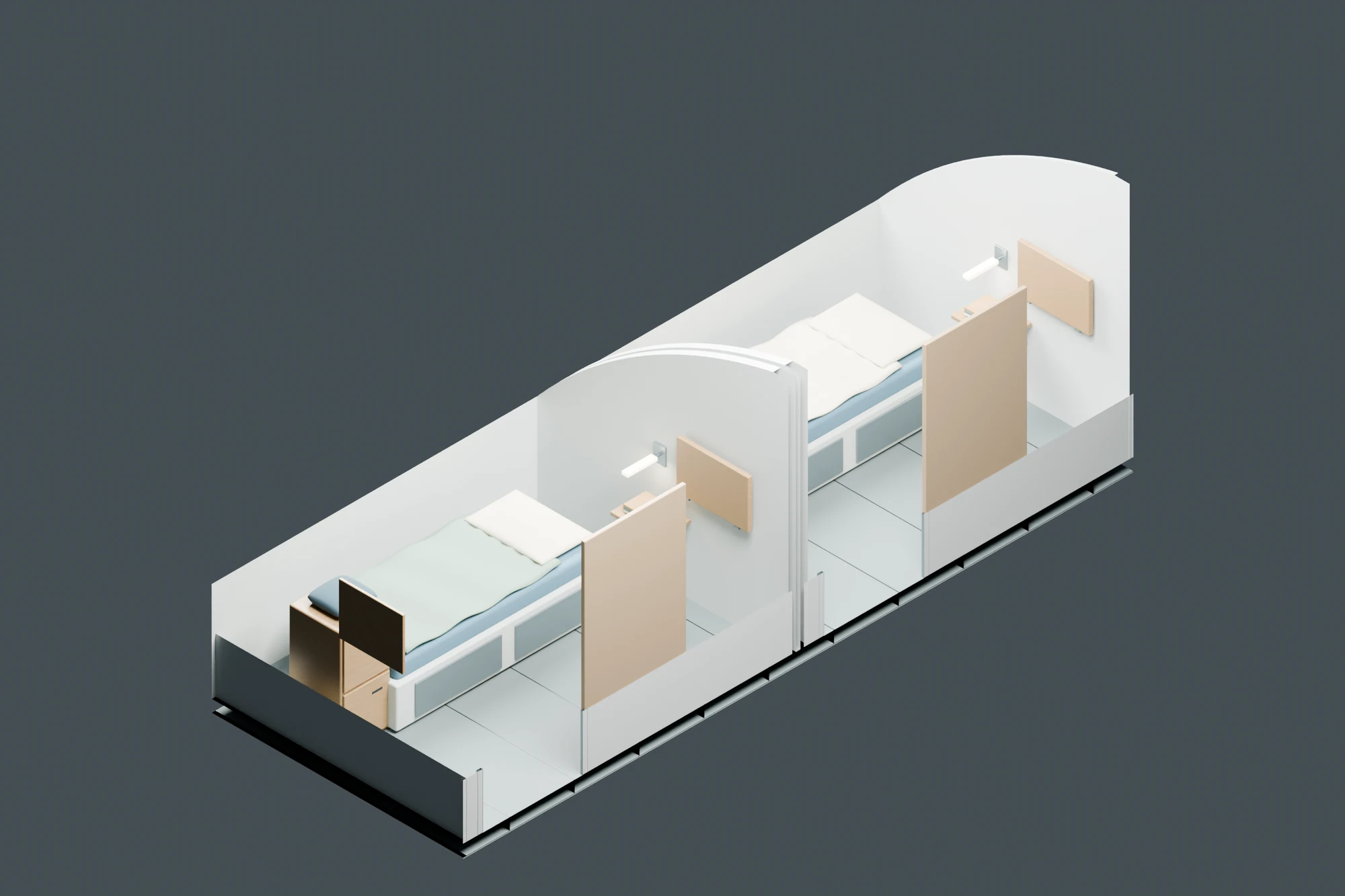 Isometric cutaway of two neighboring private cabins, each with a bed, storage and privacy partition.