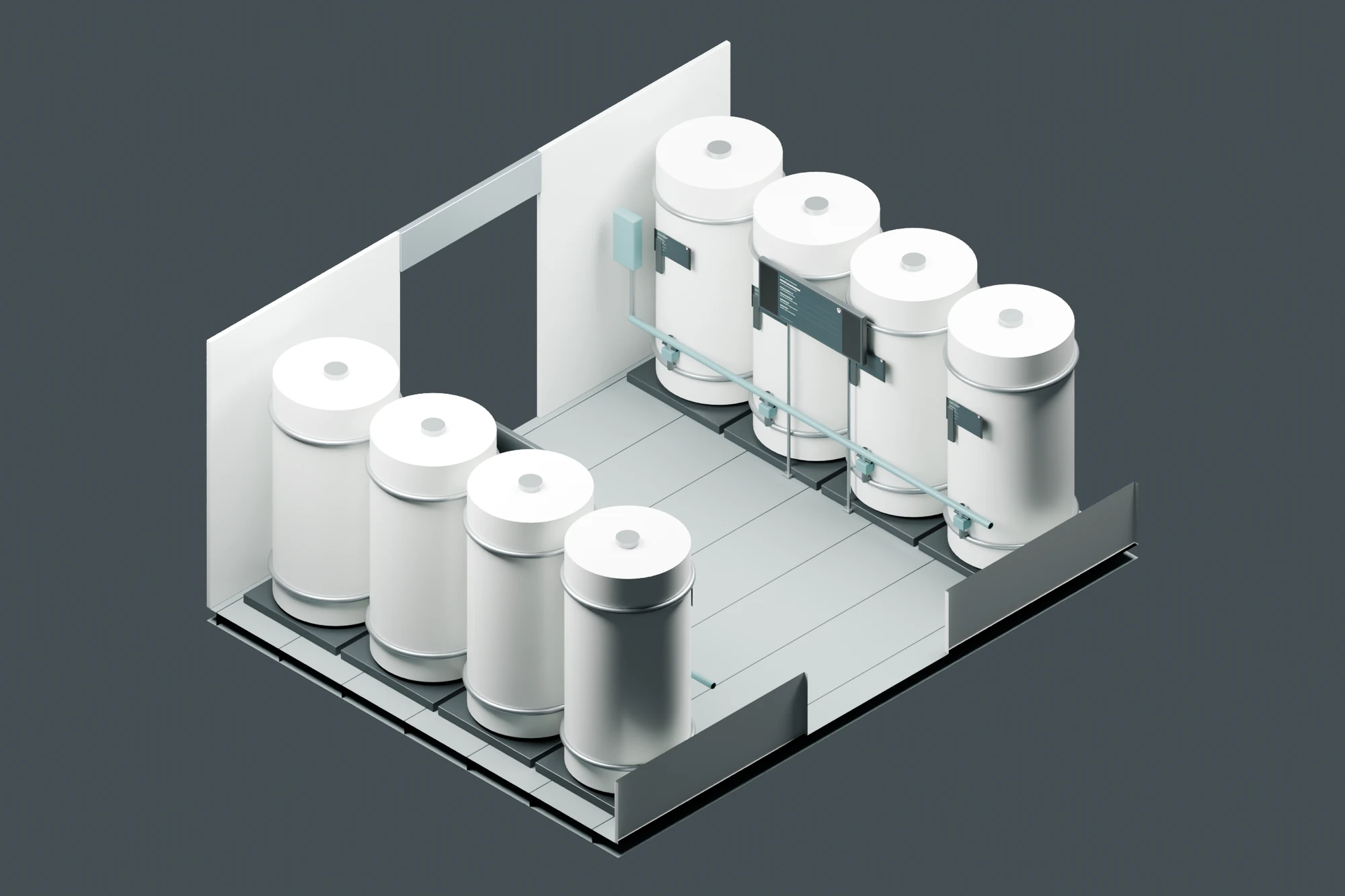 Isometric study of the water-recovery and waste-processing room, with cylindrical equipment banks and a clear central aisle.