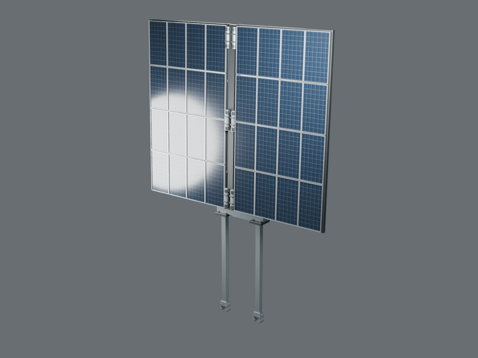 Isolated study of the photovoltaic station showing two hinged panel wings above support legs.