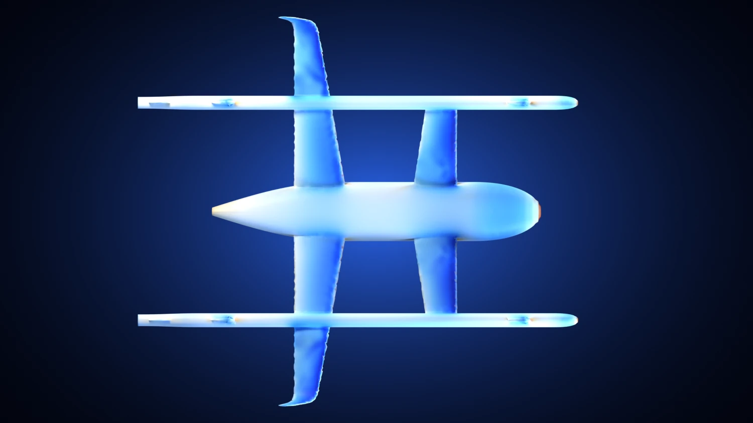 The aircraft seen from above on a dark blue ground and coloured by the pressure on its skin: blue on the wing tops and booms, pale white-blue on the hull and a small warm patch at the nose