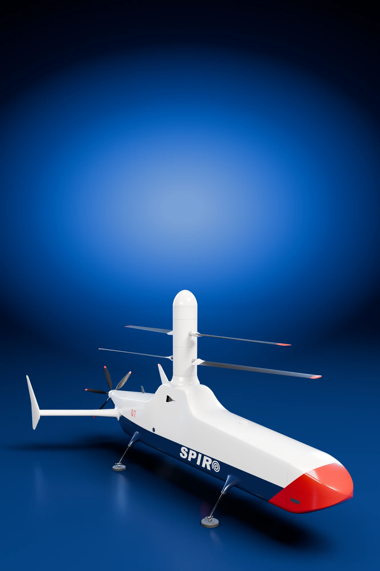 The white, navy and red coaxial helicopter alone on a dark studio floor
