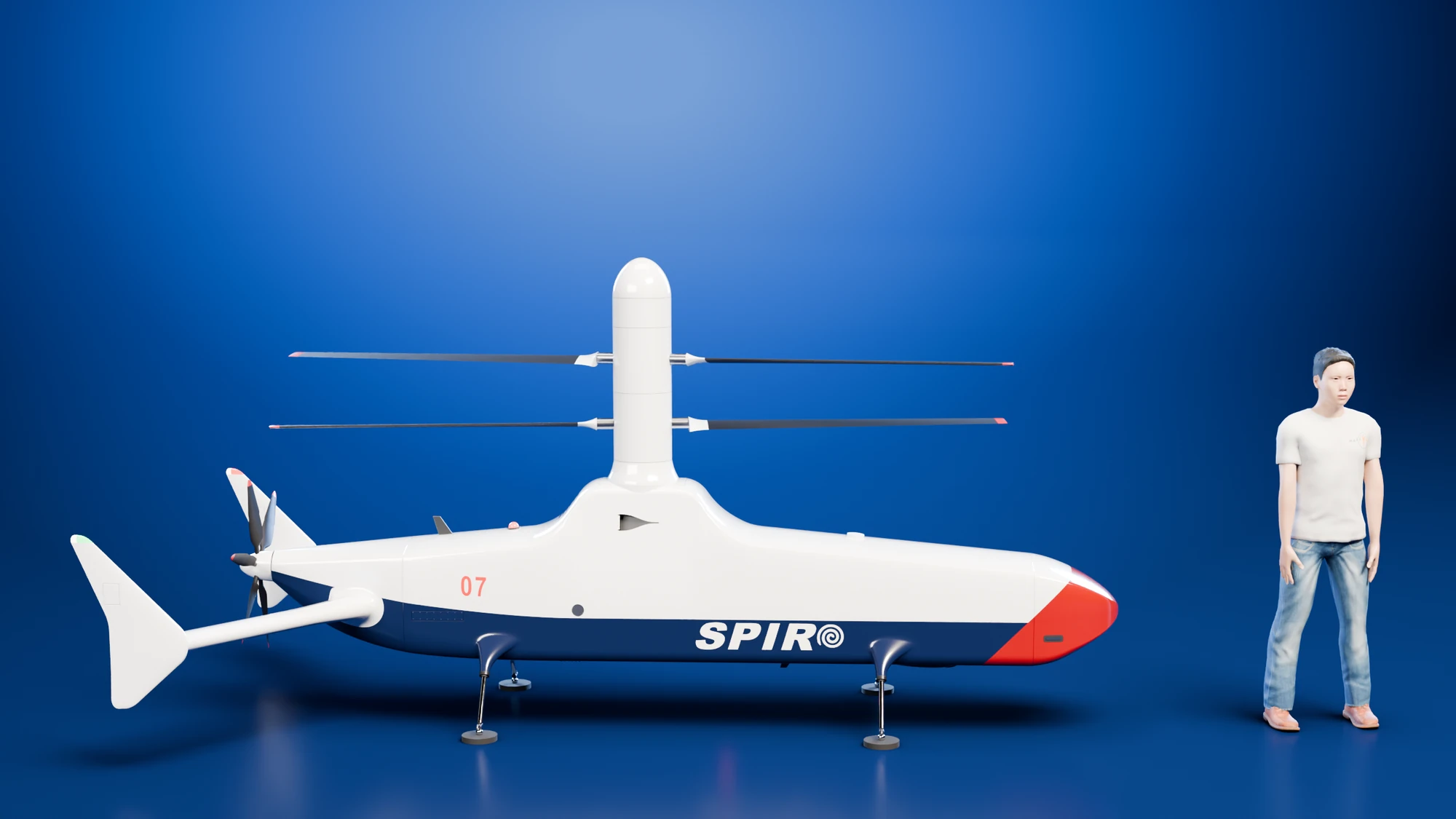 The coaxial helicopter beside a clothed standing human figure, both at the same physical scale