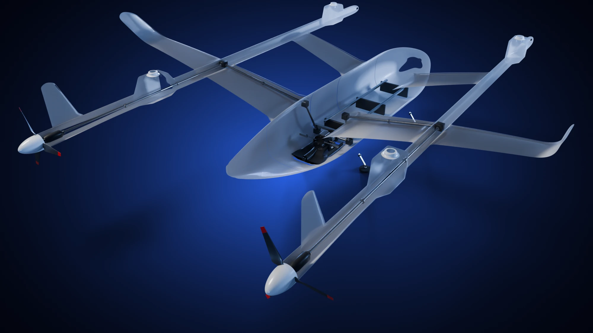 Transparent VTOL airframe showing the engine below the cargo bay, cross-wing drive shafts and the shafts leading aft to both pushers
