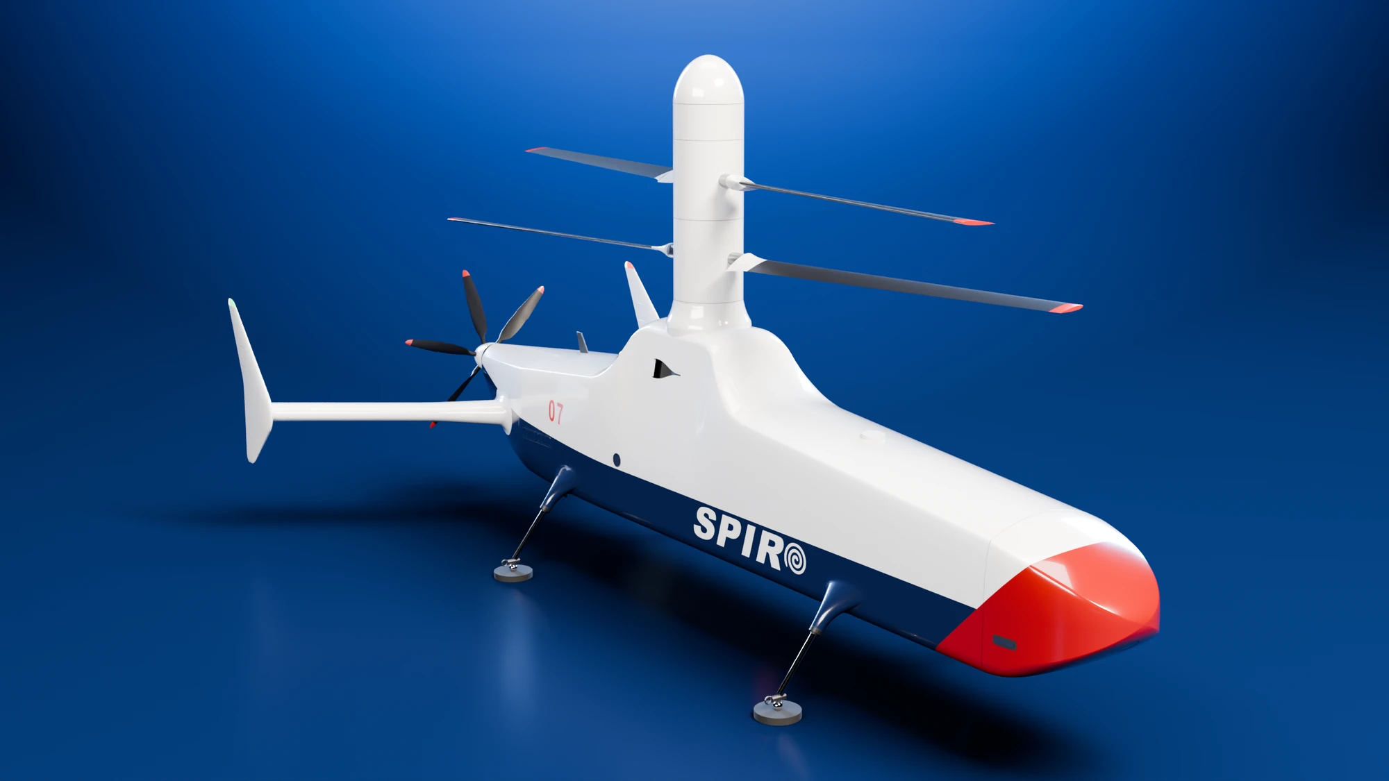 The helicopter in white, navy and red, viewed from the front quarter on a dark blue studio floor
