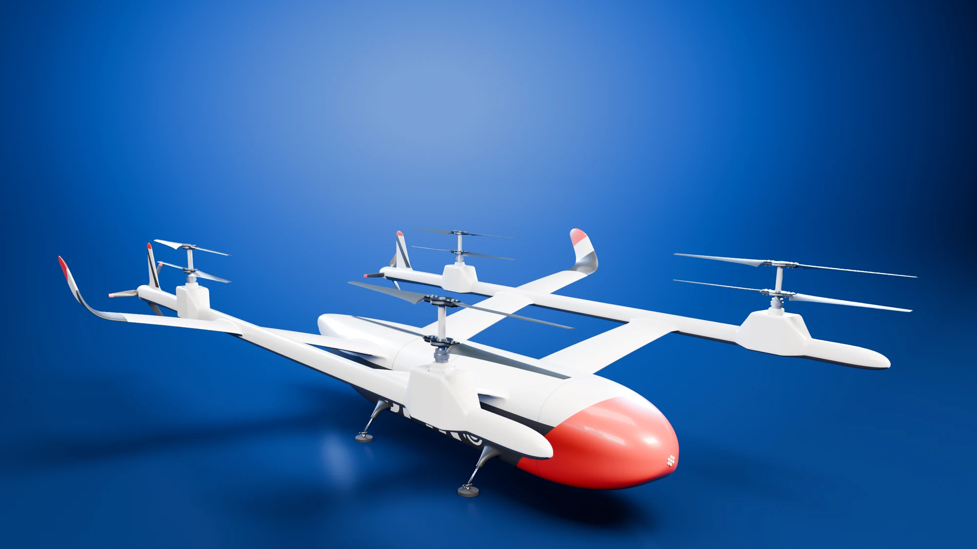 The VTOL from the front quarter, with tandem wings, four coaxial rotor stations, twin booms and a red nose door