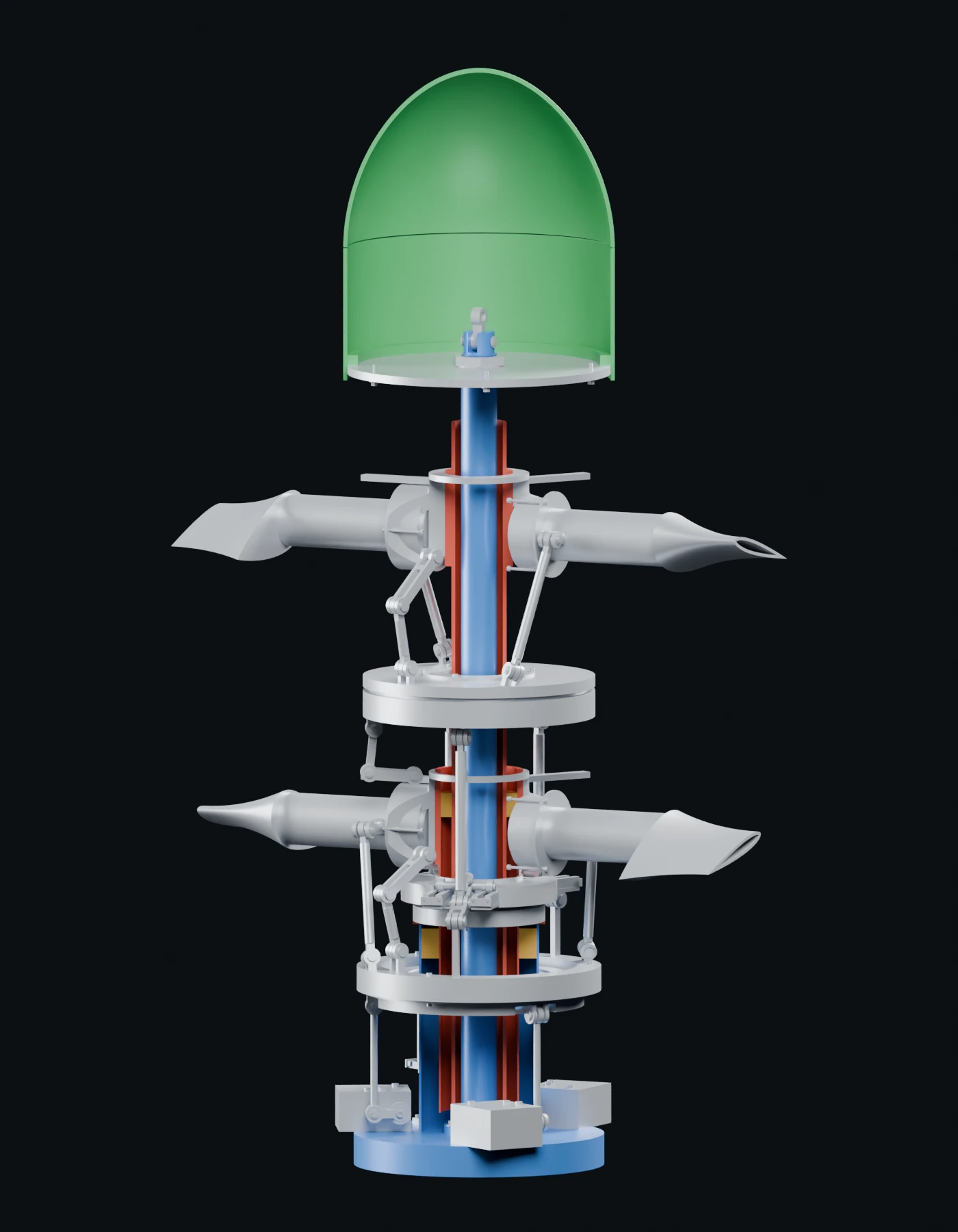 Current rotor-head model with sectioned green pod enclosure, red drive shafts, blue stationary support and the revised control linkage