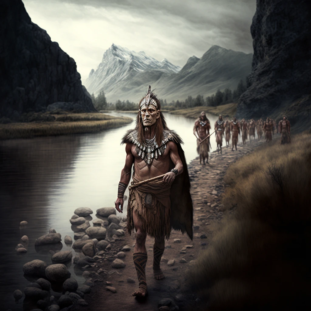 A Midjourney image of a man in furs, a bone collar and a white face mask leading a line of people along a river path below snowy mountains.