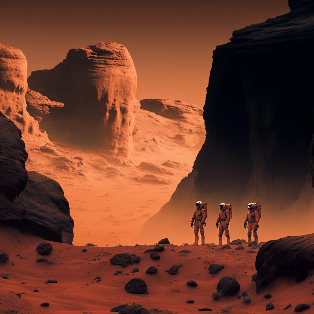 A Midjourney image of three astronauts in rust-coloured suits standing among dark boulders in a red canyon.