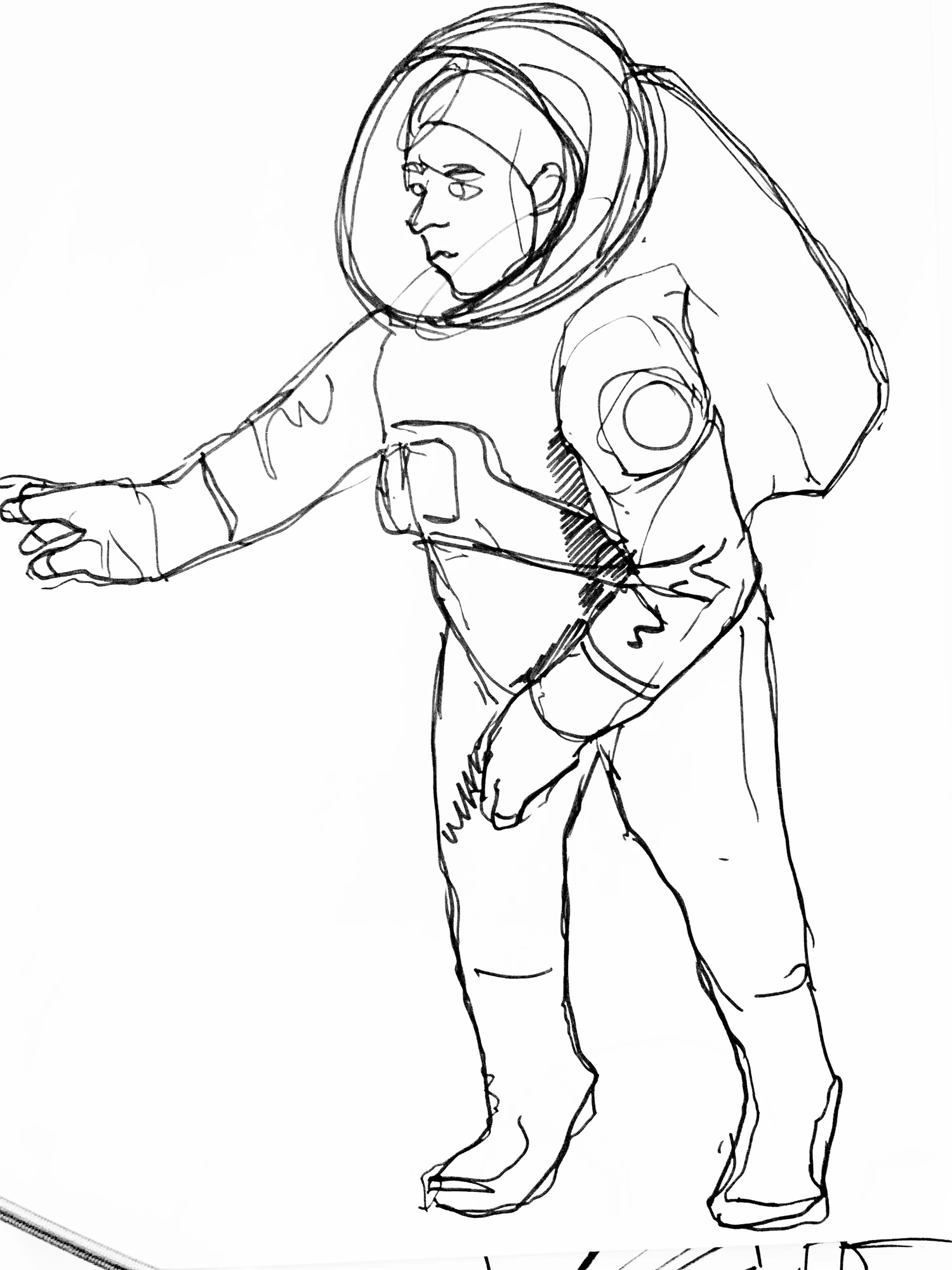 Sketch of an astronaut in a suit, arm extended
