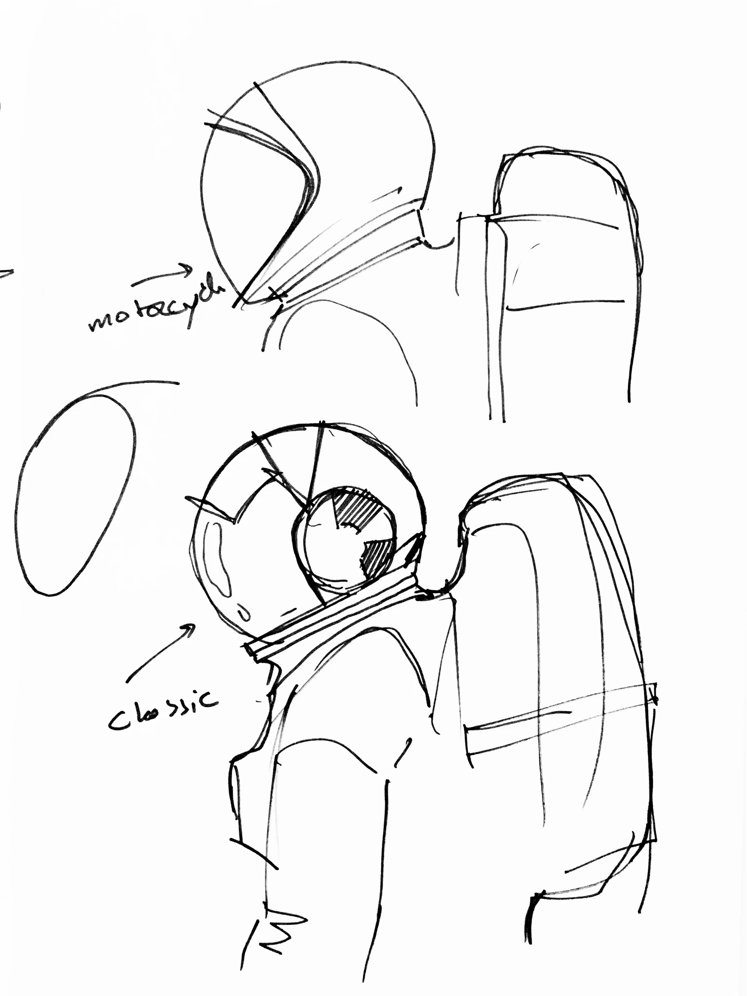 Sketches comparing a motorcycle-style helmet with a classic one