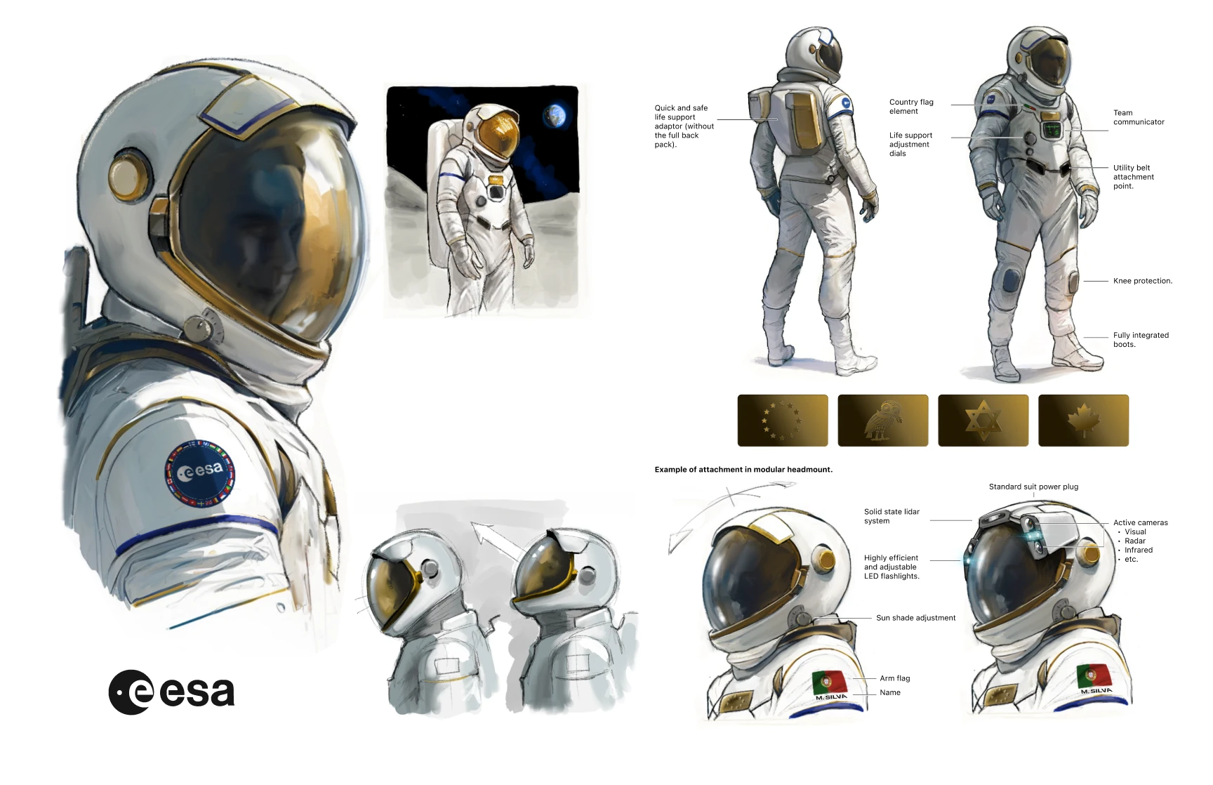 Presentation board for the StarKnight suit, with helmet studies and visor coatings