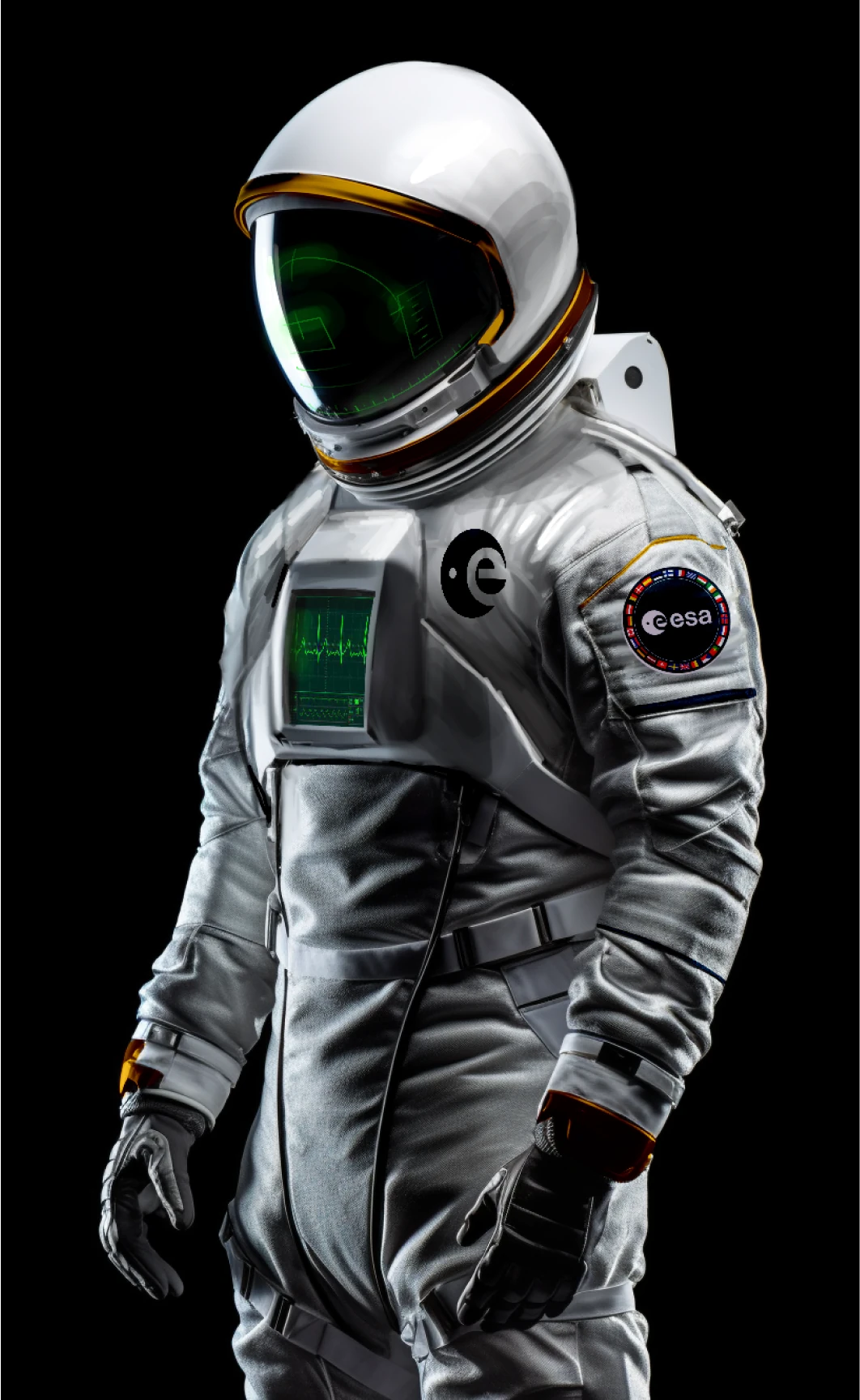The 2023 concept image of the finished StarKnight suit, three-quarter view, with green readouts on the visor and the chest screen