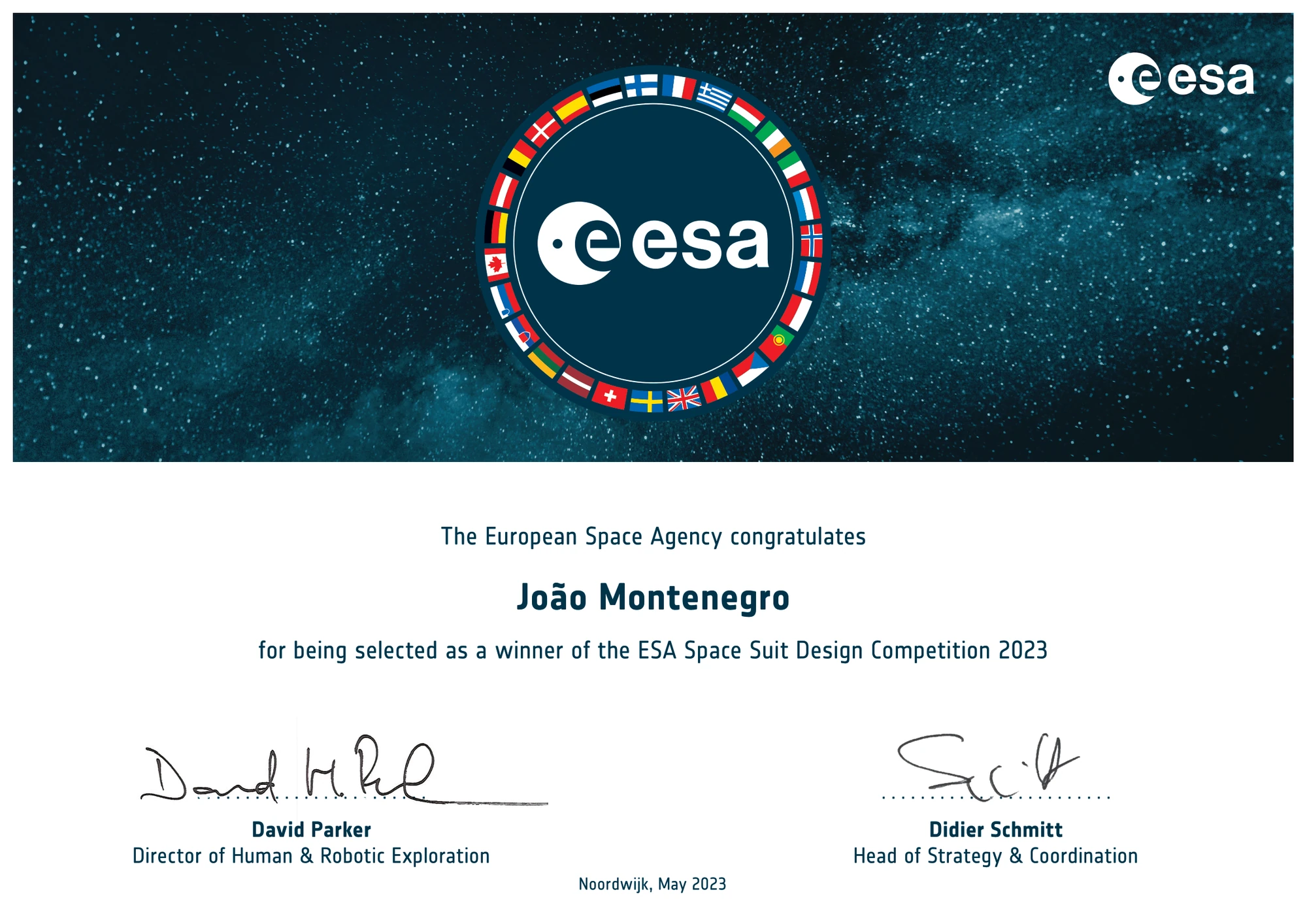 ESA certificate naming João Montenegro a winner of the 2023 spacesuit design competition
