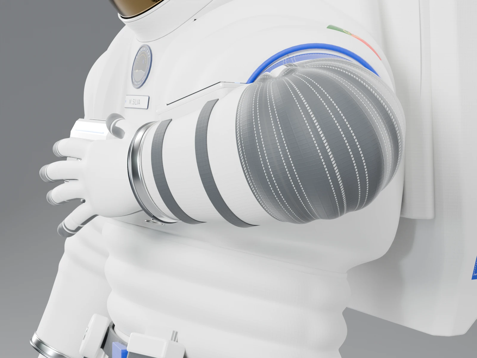 Close render of an elbow flexed to 125 degrees, showing the gored joint section and the clearance around it