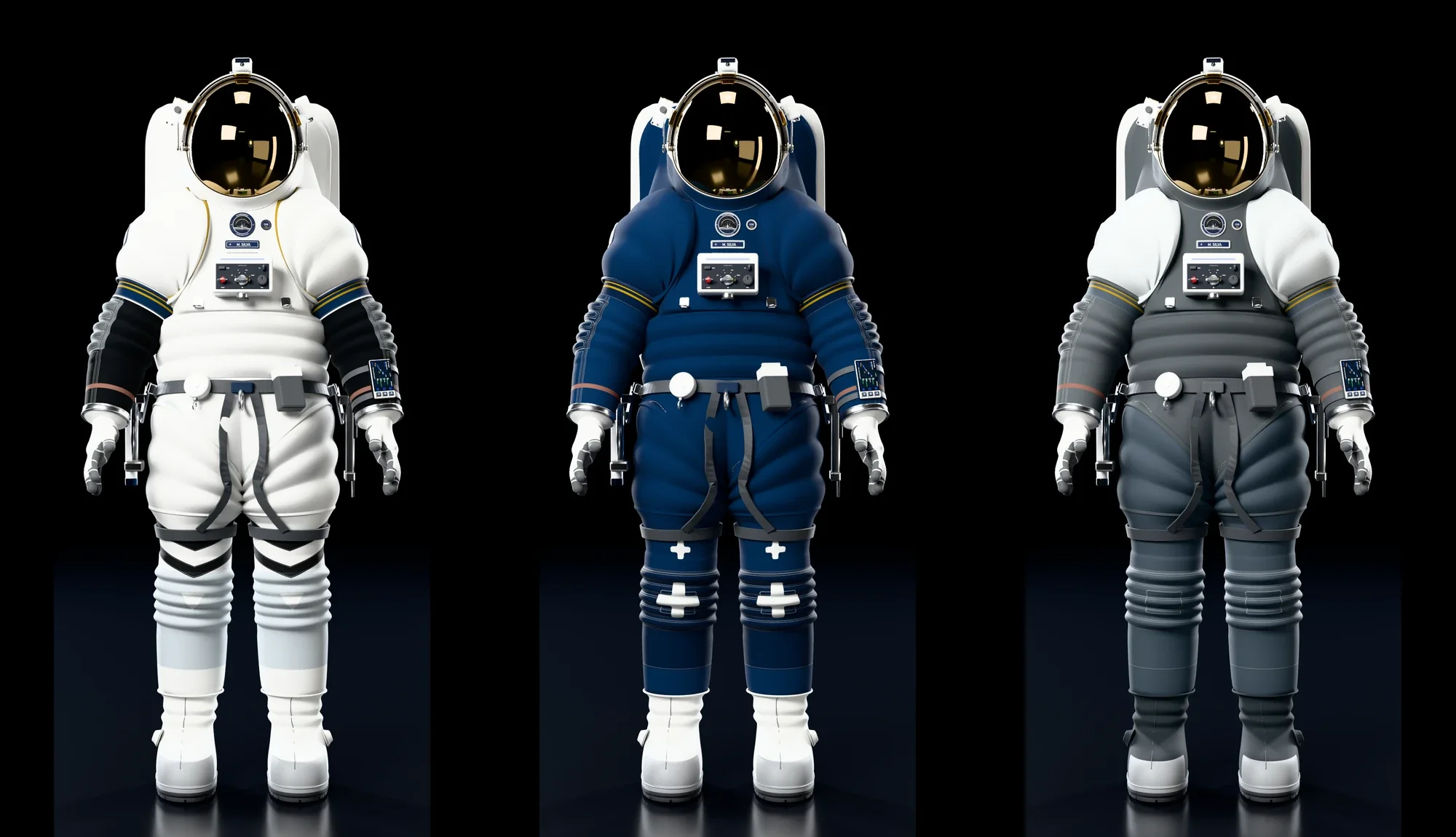 Three renders of the StarKnight suit side by side: white, navy and grey