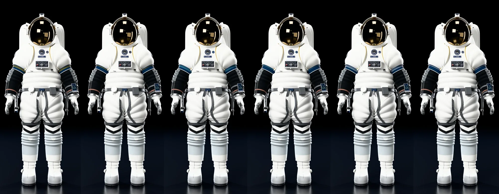 The six roles on the white suit: commander, pilot, mission specialist, payload specialist, mission director and flight surgeon