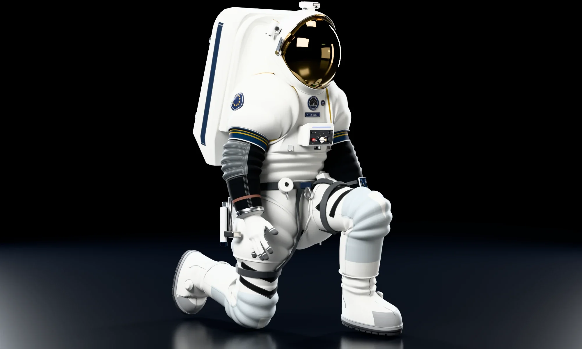Render of the white suit kneeling to collect a sample