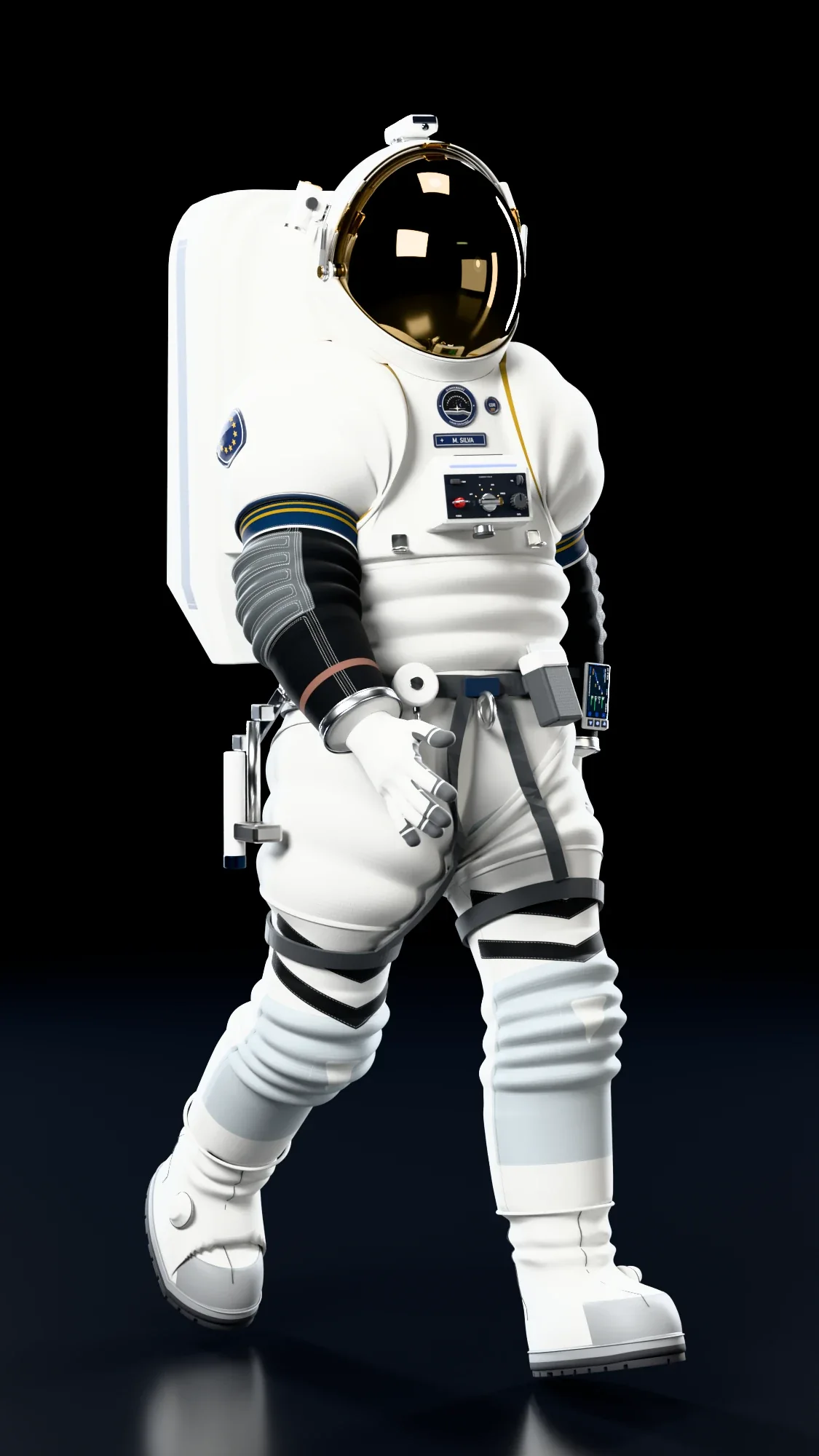 Render of the white suit mid-stride, walking
