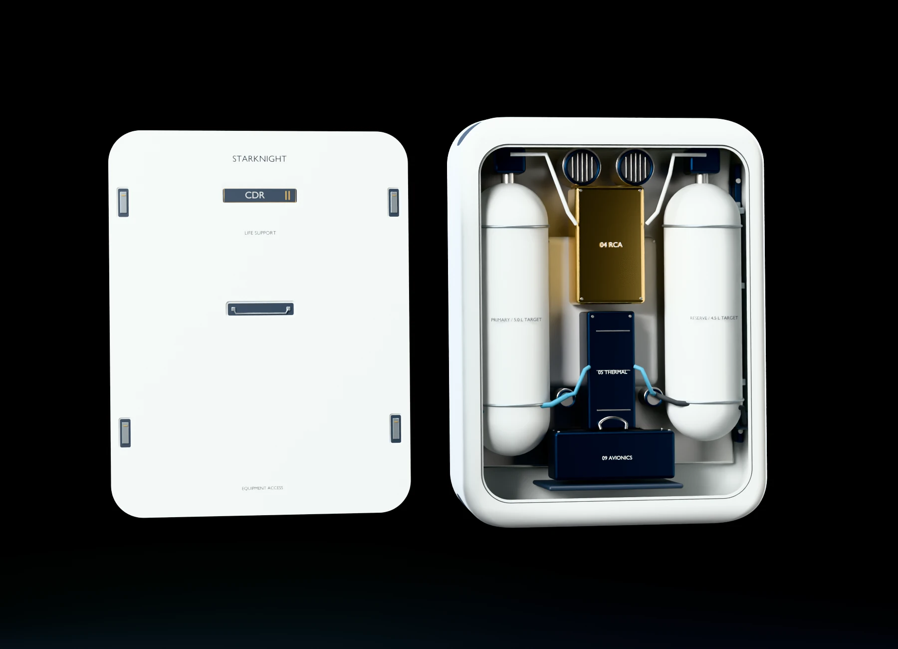 The backpack door separated beside the casing, which holds the oxygen tanks and equipment on a stepped seat