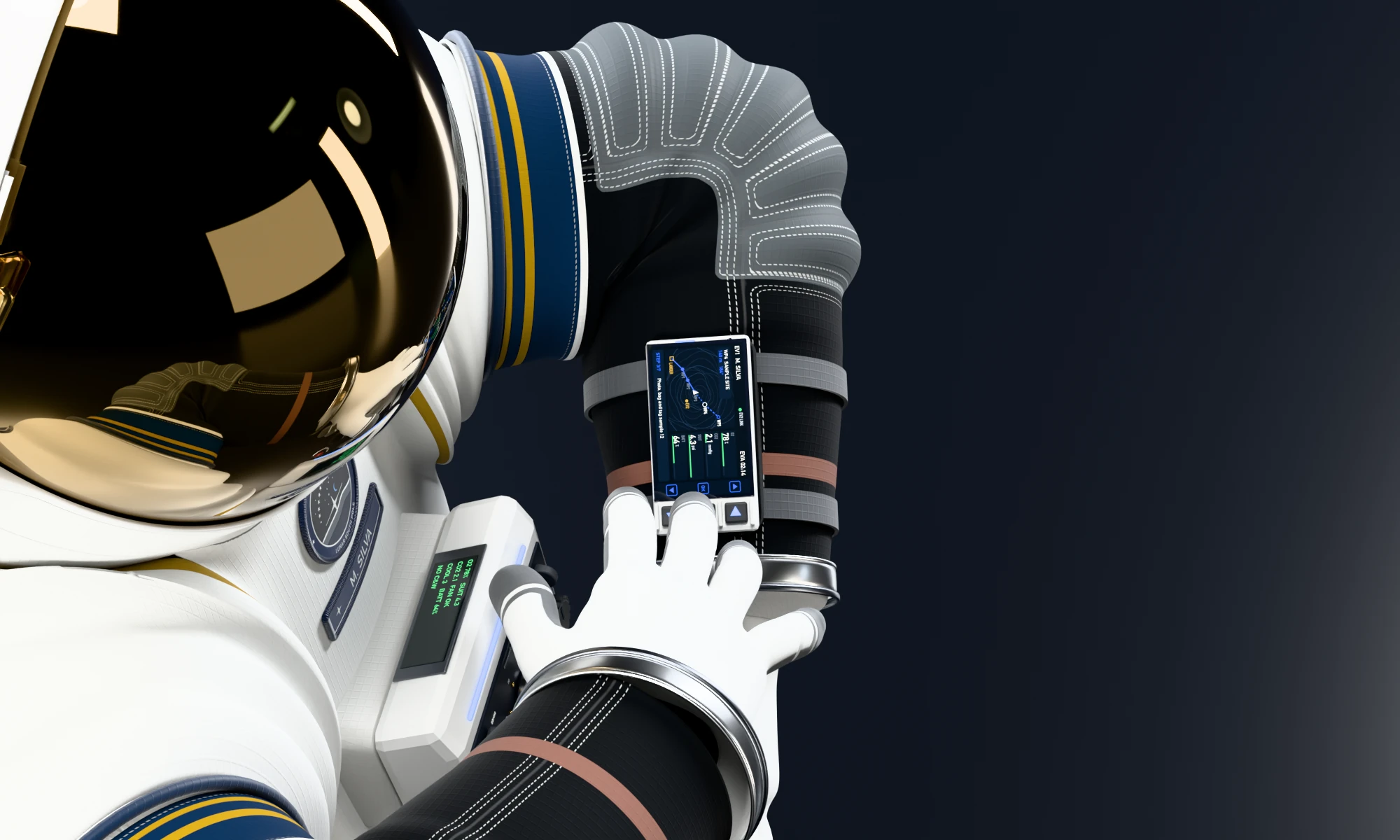 The suit reaching across the body to press the forearm screen with the other glove