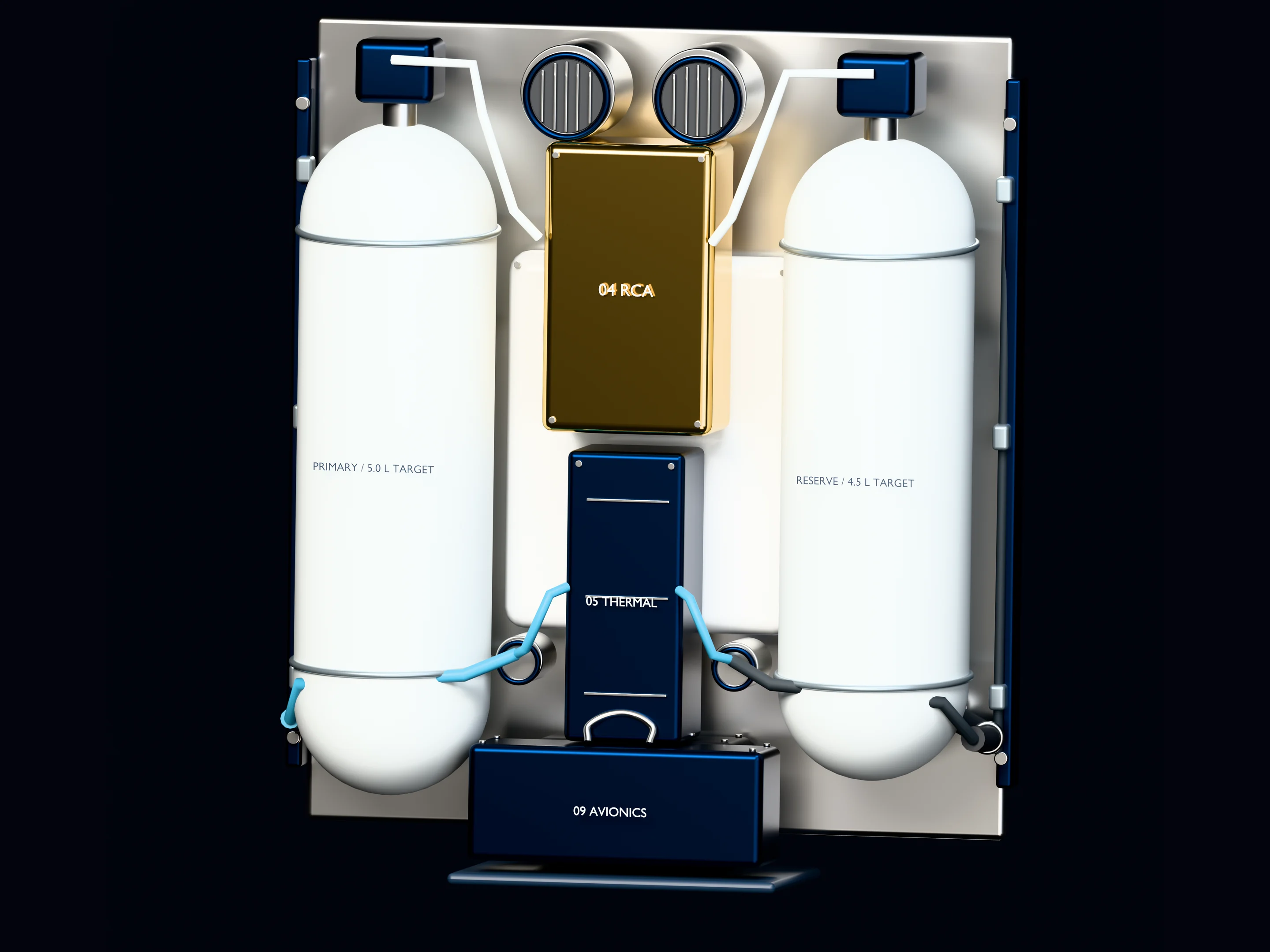 The inside of the backpack seen from behind with the door removed: two tall white oxygen tanks on either side, two round fans at the top, a gold air-treatment cartridge and a navy thermal cartridge down the middle, a navy avionics box at the bottom and coloured hoses between them