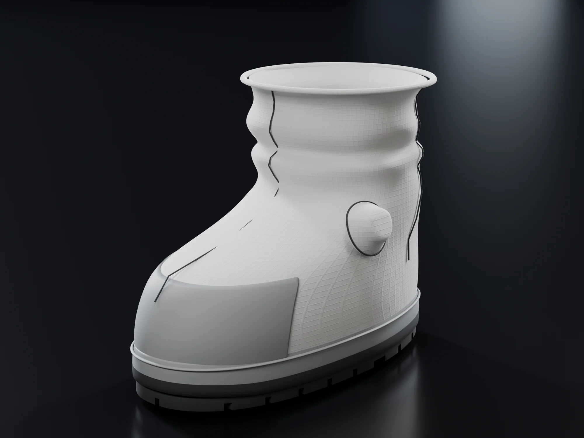 The right boot in three-quarter view on a dark glossy floor: a tall white padded cover with ankle folds, a grey toe cap, a round covered access on the side, a grey rand and a dark ribbed sole