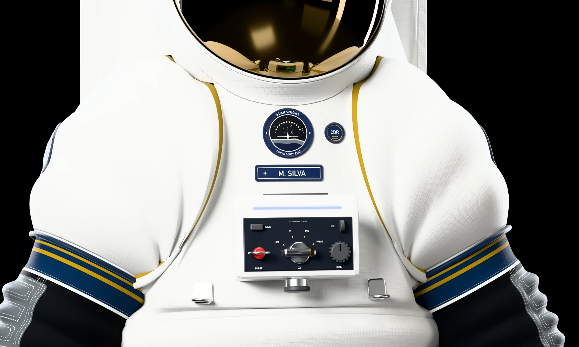 Close render of the chest of the commander’s suit: mission patch, name tape, role patch and the chest control module