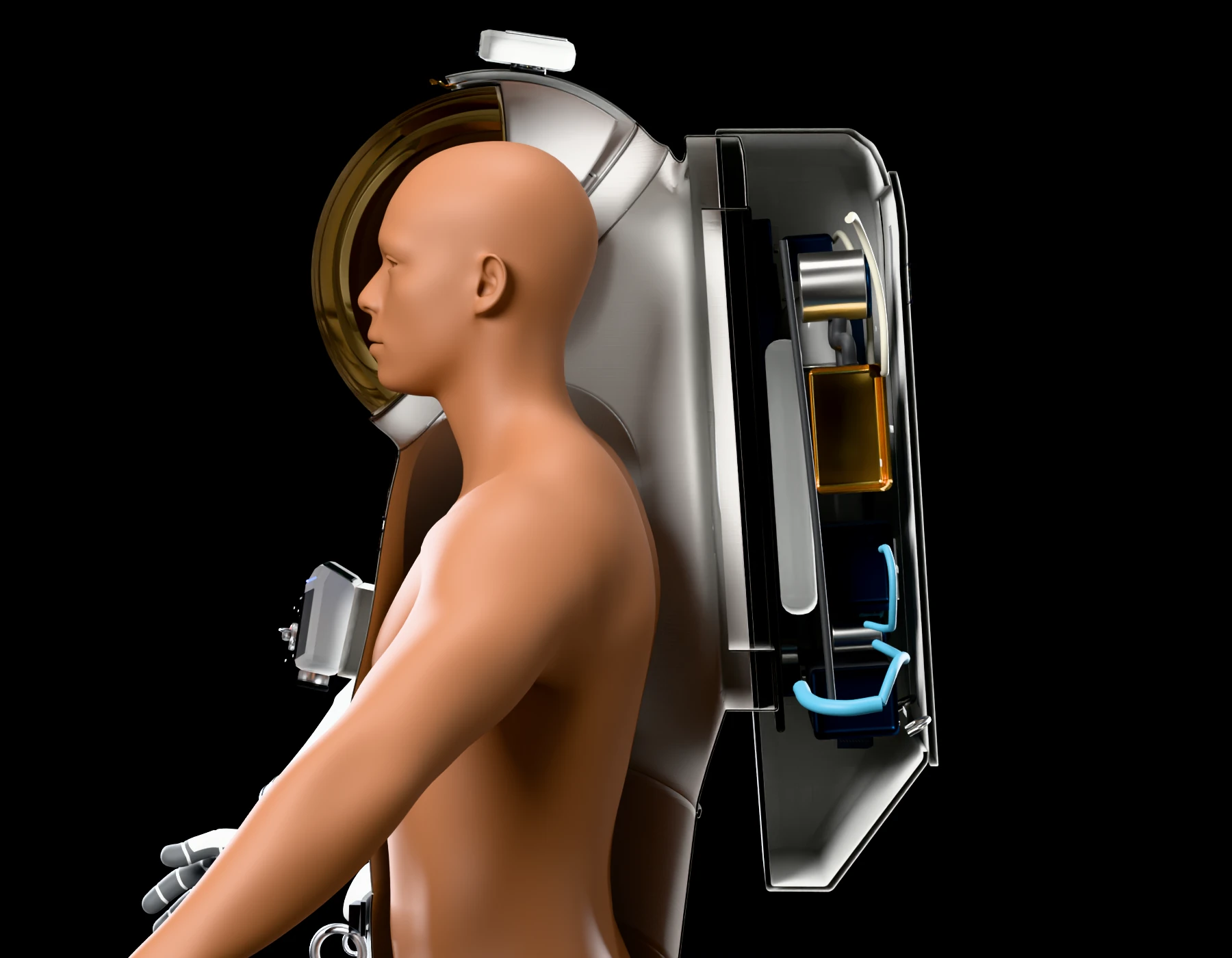 Side view of the upper body cut open: a human figure inside the helmet and torso, with the backpack section behind showing tanks and hoses