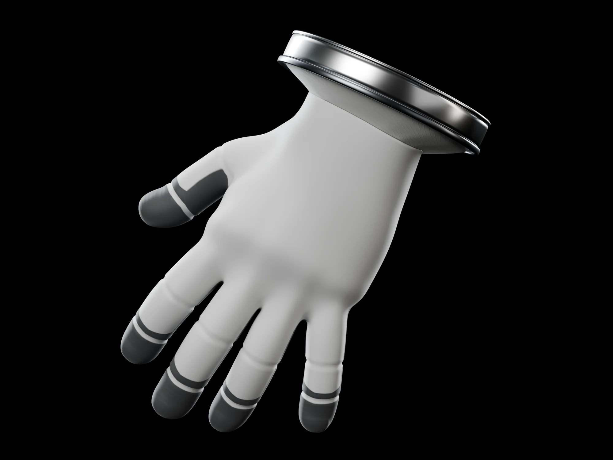 The right glove seen from the back of the hand with its fingers pointing down and a metal wrist ring at the top: a white cover with grey bands on the fingertips