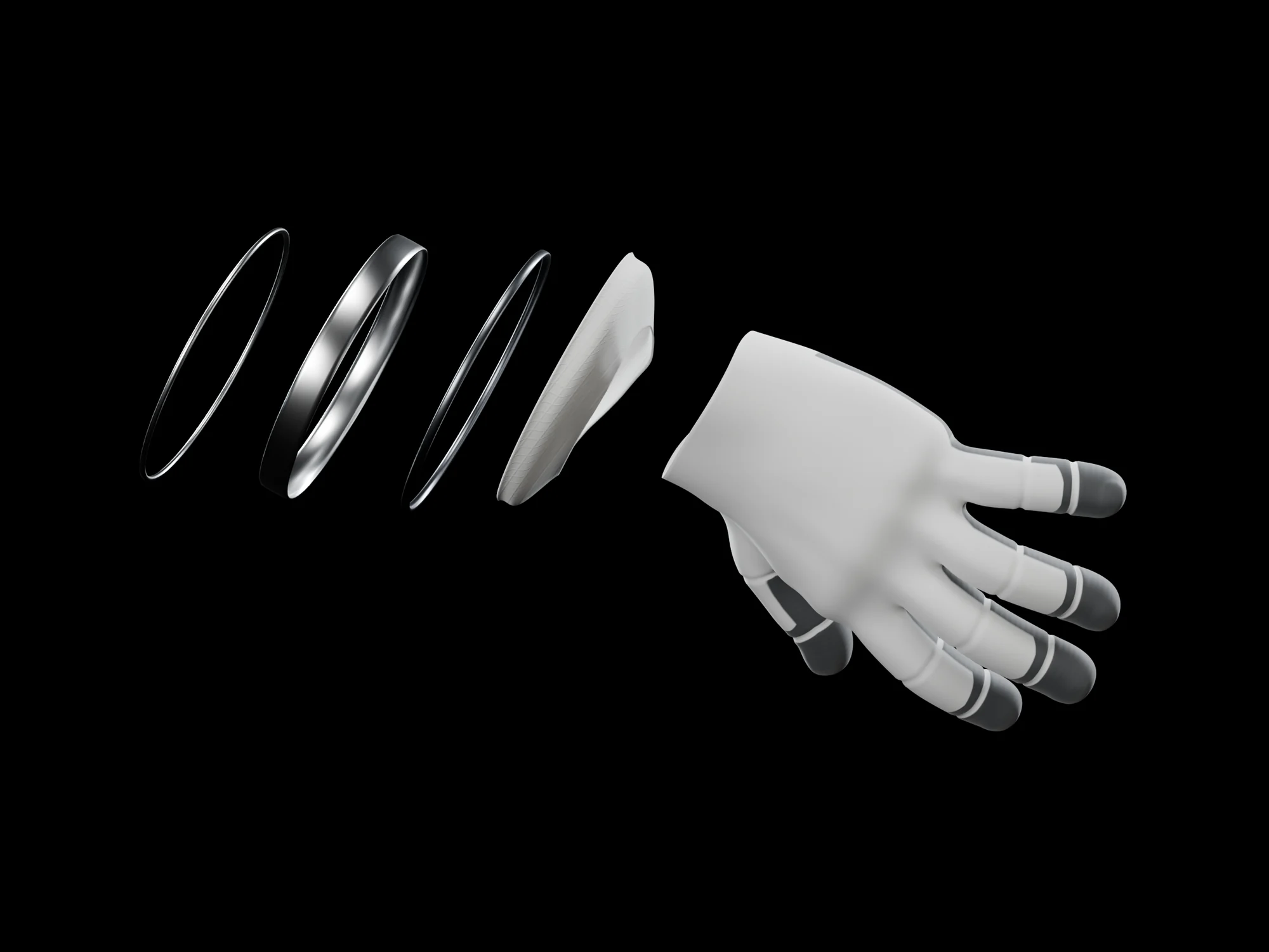 The wrist stack of the glove pulled apart in a row: a thin seal ring, a thick metal housing ring, a thin retaining lip, the fabric flex cover and then the hand