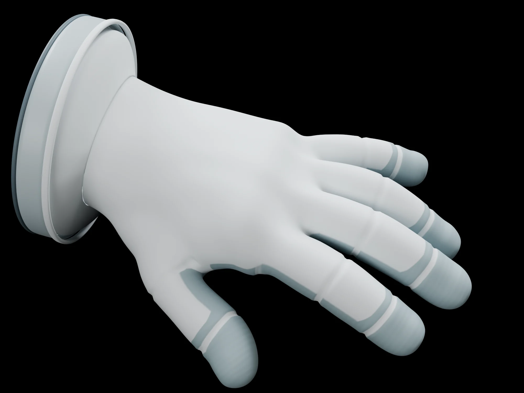 The glove on its rigged hand, relaxed with the fingers slightly open