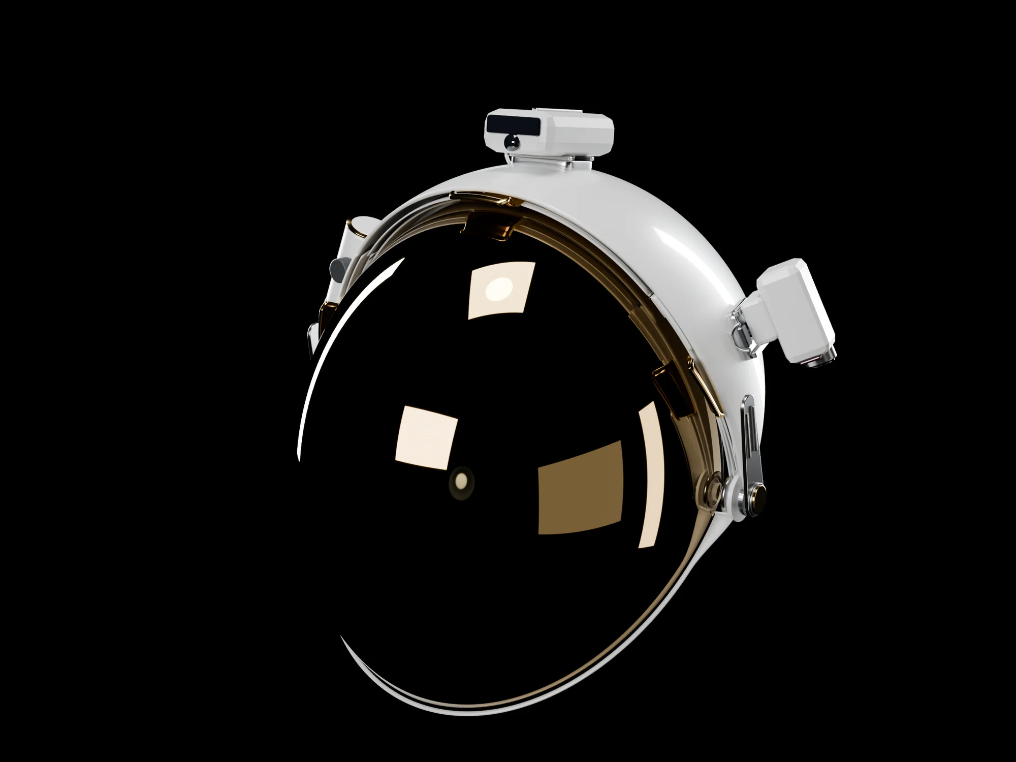 The helmet in three-quarter view from above: a white shell with a lidar and camera module on the crown, a pod at each temple, a gold sun visor and the visor's pivots and levers at the side