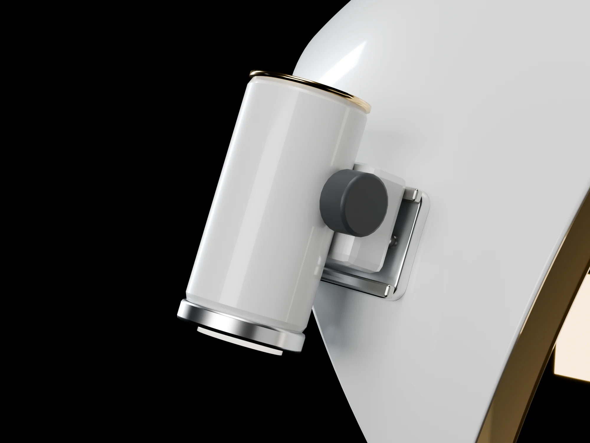 The light pod at the temple: a white cylinder with a gold ring at its top and a silver lens at its base, a grey tilt knob and a metal yoke on the shell