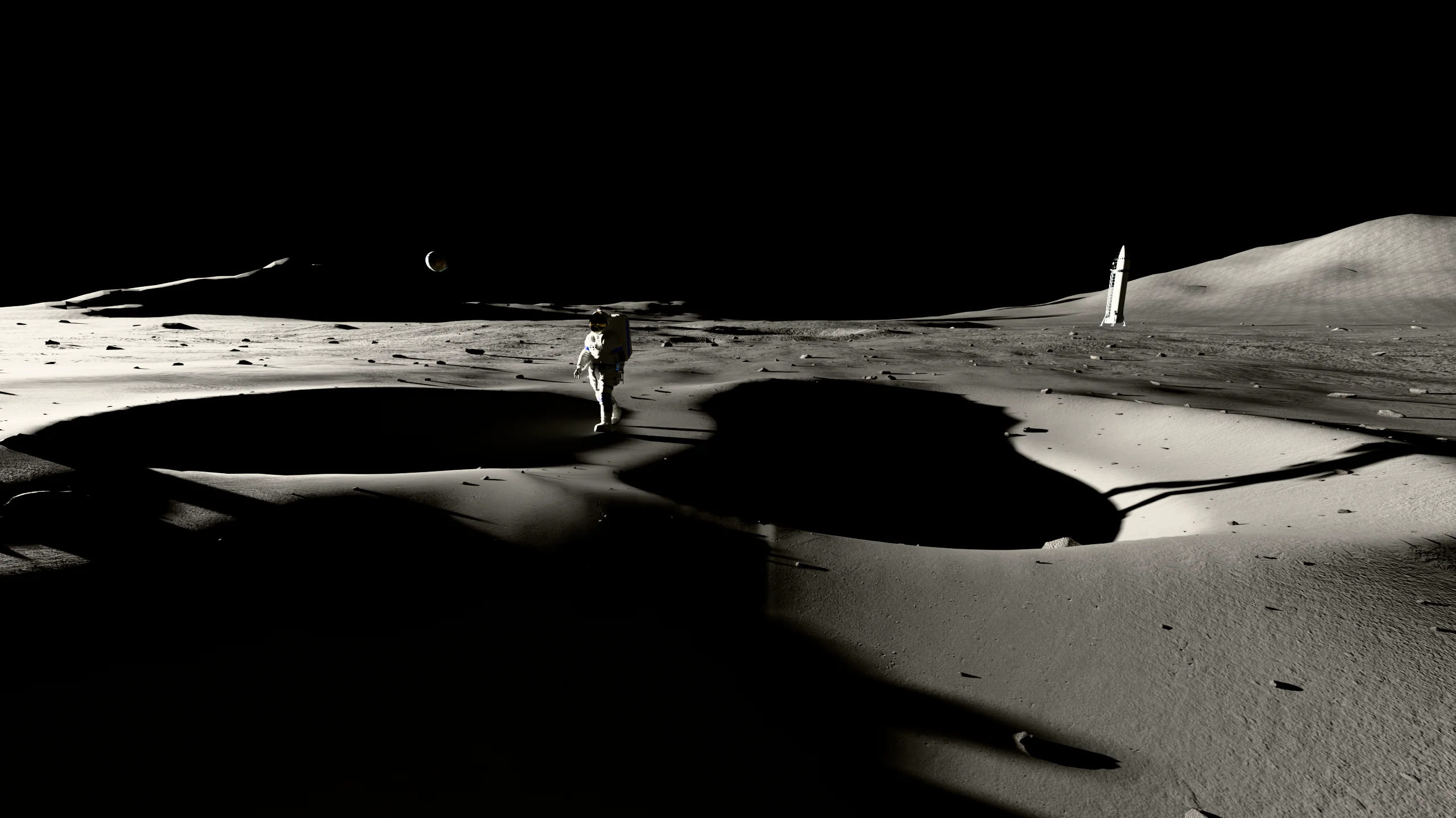 The same view with the display off: two craters in low sun, the other crew member walking and the Starship on the horizon