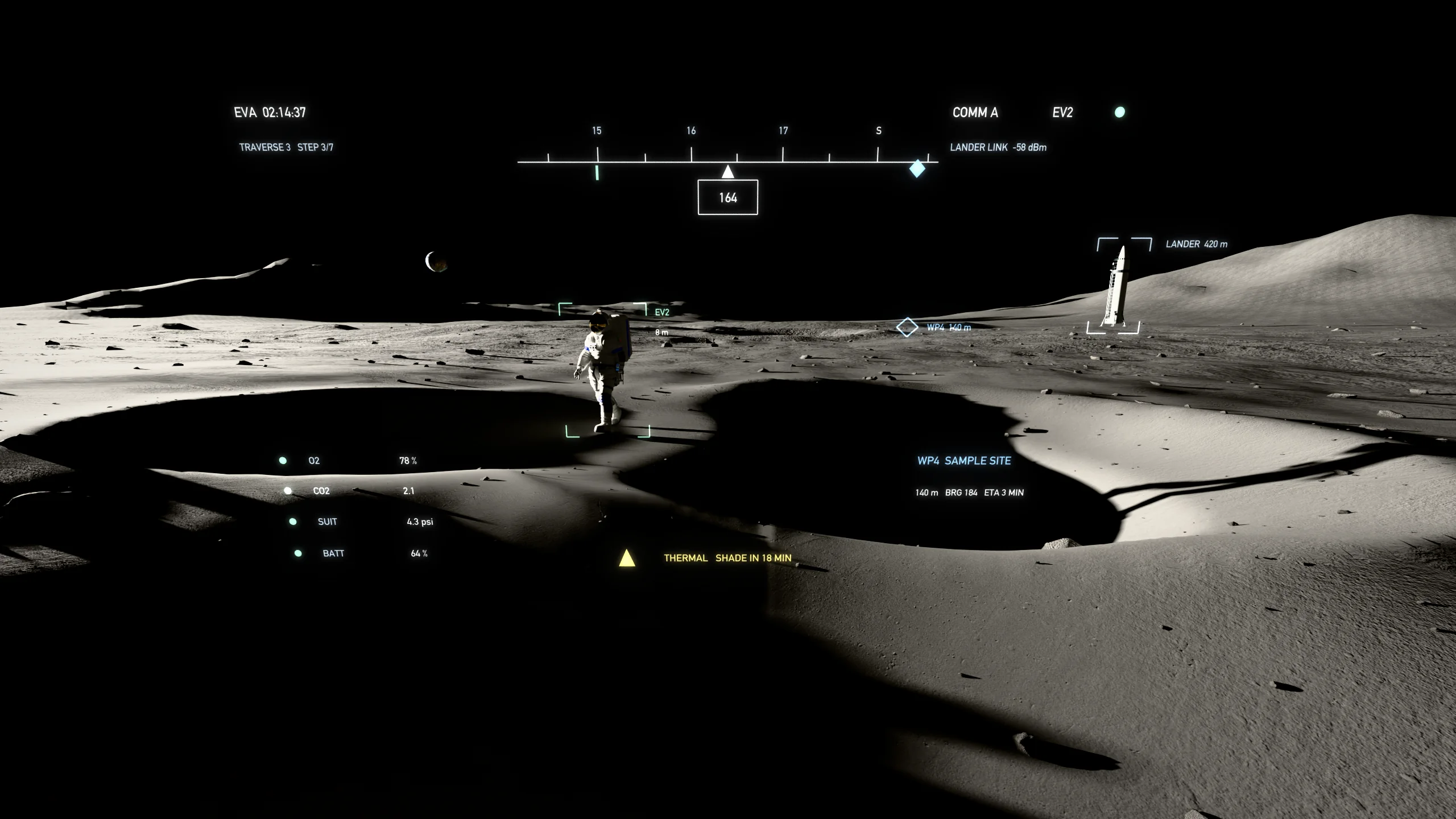 View from inside the helmet on a south pole traverse: a heading tape, suit readings, a waypoint and markers on the other crew member and on the landed Starship 420 metres away