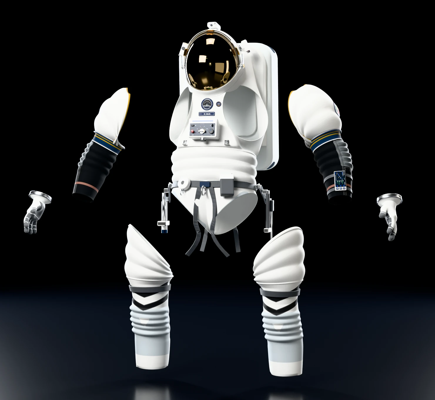 The StarKnight suit taken apart: the torso with helmet and backpack in the middle, with the two arms, two gloves and two legs floating around it