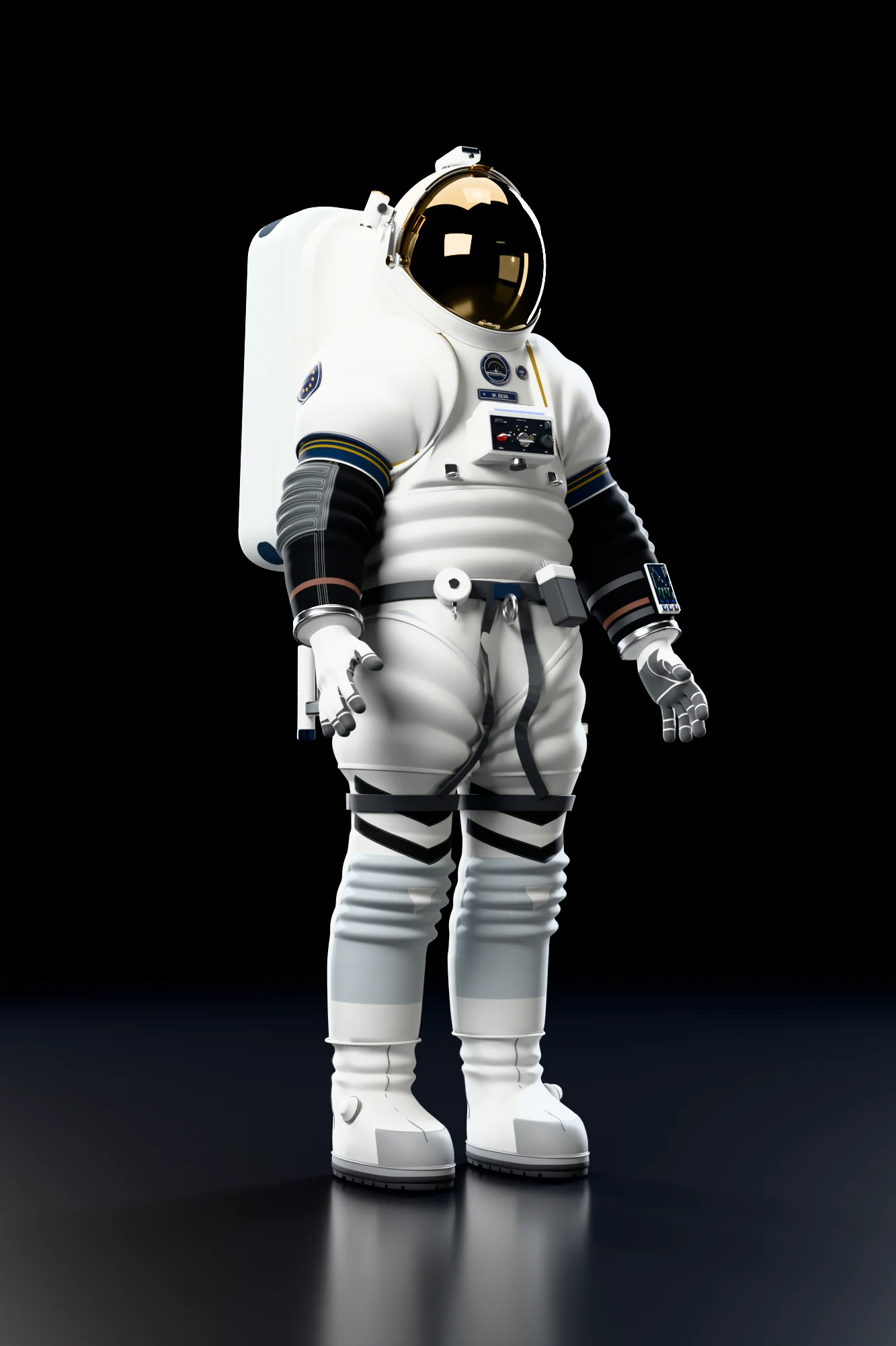The StarKnight suit standing at a three-quarter angle, alone in a dark studio