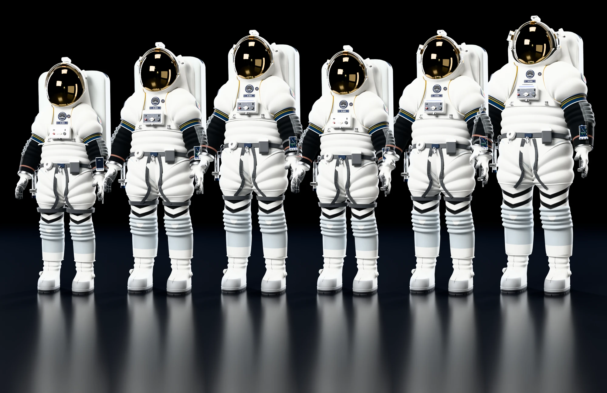 Six StarKnight suits side by side, from the smallest on the left to the tallest on the right, each carrying the same white backpack