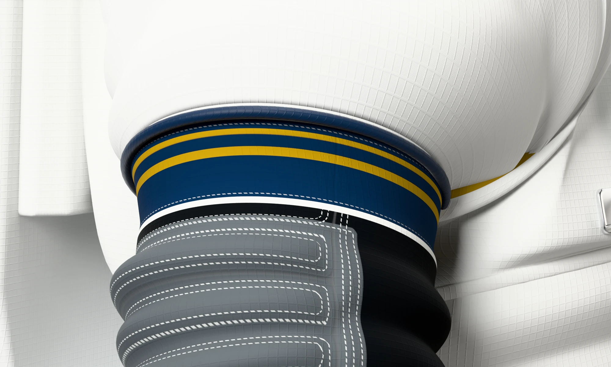 Close render of a sleeve cuff with navy and gold bars above a stitched grey gore section