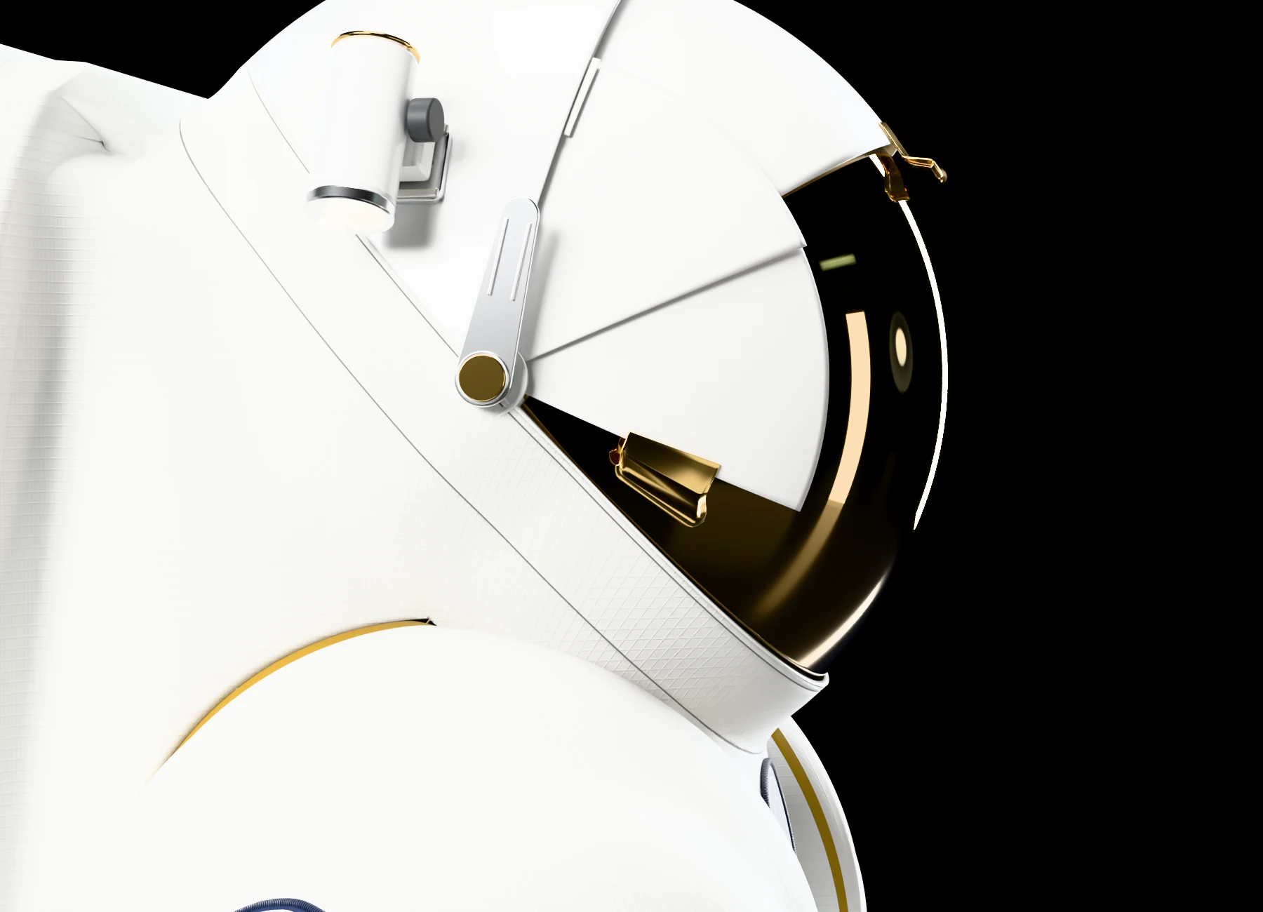 Side view of the helmet with the covers closed, showing the gold pivot and the arm at the helmet rim