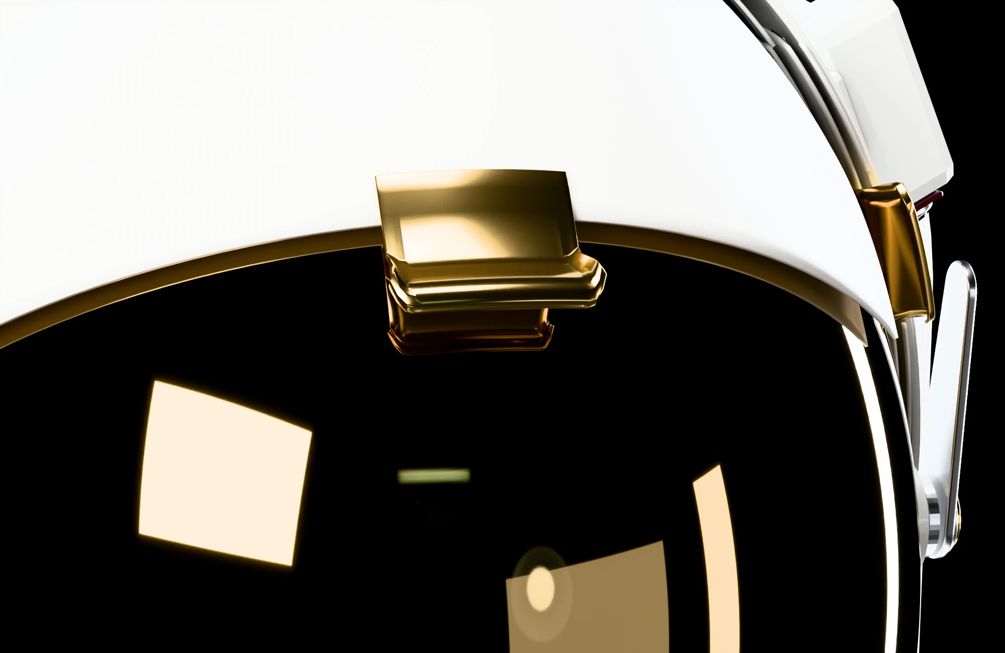 Close view of the gold pull tab on the centre visor cover