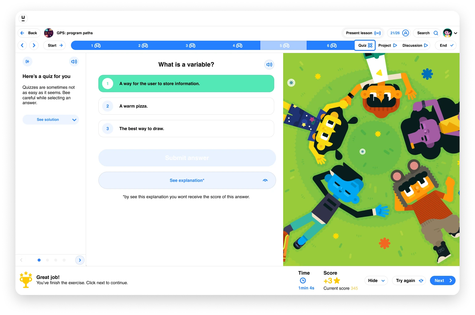 ubbu lesson screen: a quiz on variables beside an illustrated scene