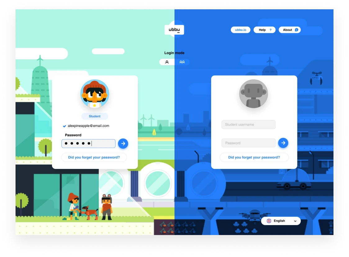 ubbu login screens for students and teachers, side by side