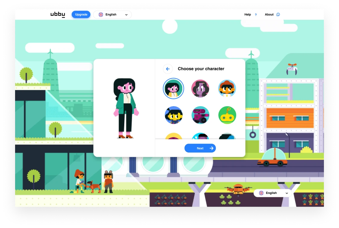 ubbu character picker, over an illustrated city