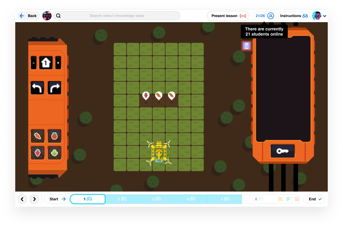 ubbu puzzle screen: a robot on a grid, driven by the command buttons